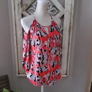Worthington Women's 3/4 Sleeve Cold Shoulder Halter Top in Coral & Black